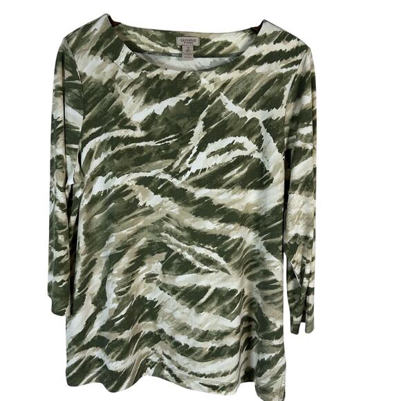Chico's Easywear Green Beige Abstract Tunic Top L Slinky Business Casual Office‎ - Picture 1 of 7